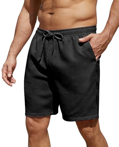 CoozySphere Black Linen Shorts for Men 7 Inch Casual Solid Men's Chino Shorts Relaxed Fit Beach Travel Drawstring Trousers - Image 1