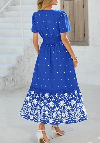 BTFBM Summer Dresses for Women 2026 Casual V Neck Short Sleeve Flowy Wedding Guest Beach Vacation Floral Boho Maxi Dress(Royal Blue White Flower, Large) - Thumbnail 3