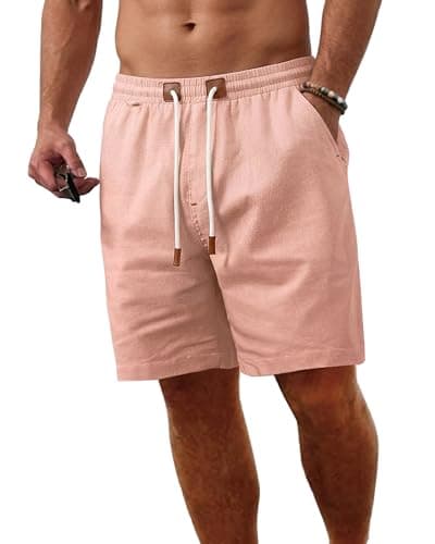ZKMAN Men's Linen Shorts Casual Breathable Summer Beach Vacation Drawstring Elastic Waist Short with Pockets(Flamingo M) - Image 1