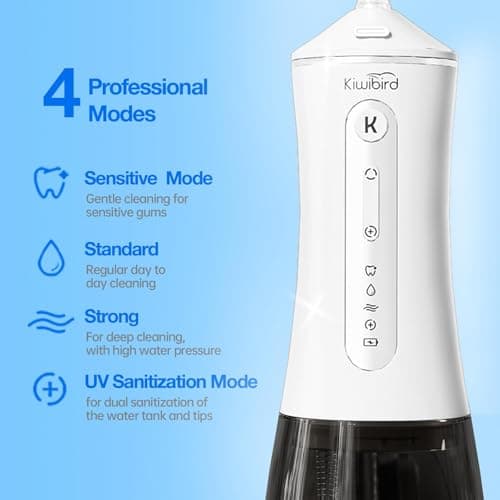 KIWIBIRD Water Dental Flosser Cordless with UVC Light, 3 Modes Portable Oral Irrigator, IPX7 Waterproof, 300ML Tank, Electric Teeth Cleaner for Tonsil Stones, Home & Travel Use (Black & White) - Thumbnail 5