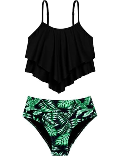 HOZIY Girls Bathing Suits Size 7-8 Teen Swimsuits 2 Two Piece Bikinis Child Kids Black Green Tropical Palm Leaves Ruffle Ruched Bottom Briefs Tankini - Image 1