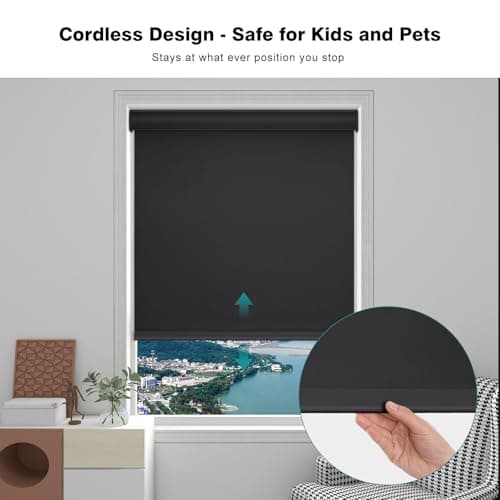 Changshade Cordless Roller Shades Blackout Blinds for Windows Room Darkening Rolled Up Shades with Spring System, UV Protection Window Shades Door Blinds for Home and Office（31.5" W x 72" H,Black） - Thumbnail 4