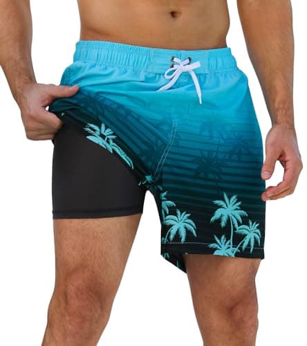 SILKWORLD Men Swim Trunks 2 in 1 Quick Dry Beach Shorts Bathing Suit with Zipper Pockets, Blue Coconut Tree, Medium - Image 1
