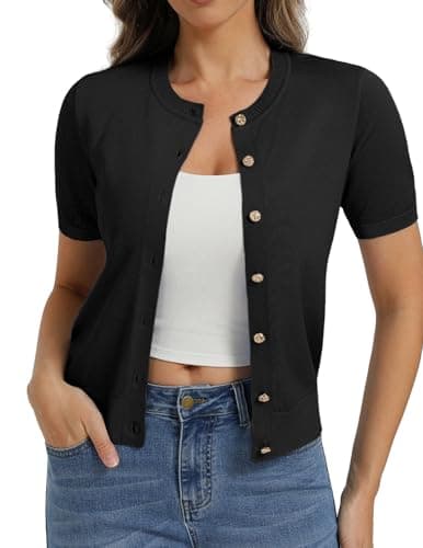 Black Short Sleeve Cardigan Sweater Dressy Sweater Summer Cardigans for Women Lightweight (Black, S) - Image 1