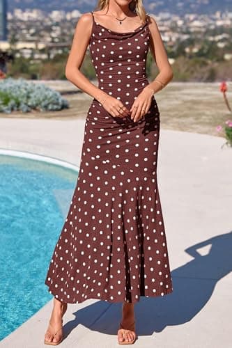 PRETTYGARDEN Womens Summer Dresses 2026 Polka Dot Spaghetti Strap Cowl Neck Bodycon Wedding Cocktail Mermaid Maxi Dress(Dot Brown White,XX-Large) - Thumbnail 6