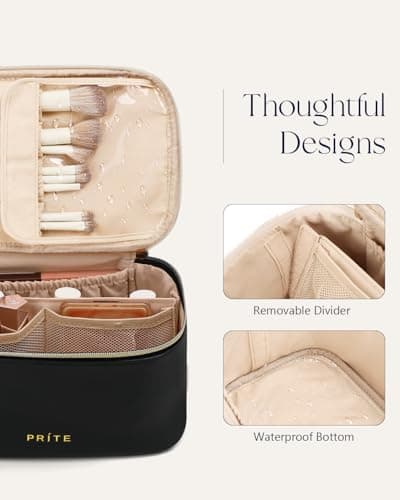 Prite Makeup Bag, Large Capacity Portable Travel Cosmetic Bag, Waterproof Makeup Organizer for Women with Handle and Divider (001 Black) - Thumbnail 5