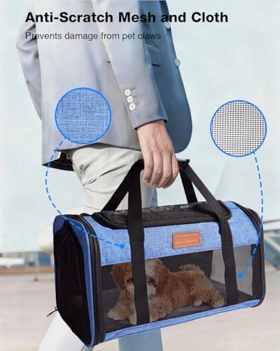 FOXFOCUS Pet Carrier Airline Approved 17x11x9.5 in - Underseat, Top & Side Entry Soft Dog Cat Travel Carrier with Safety Zippers ＆ Anti-Scratch Mesh for Small Cat and Dog for Pets Up to 10 Lb - Blue - Thumbnail 6