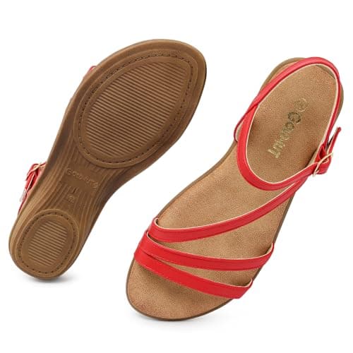 Goldnut Comfortable Flats Red Sandals for Women Dressy Strappy Flats Ankle Strap Buckle Walking Casual Sandal size 10.5 - Image 1