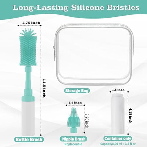 ZTX Push-to-Foam Silicone Bottle Brush Set - One-Press Rich Foam for Baby Bottles, Breast Pump Parts & Nipples - with Detachable Nipple Brush & Portable Travel Storage Bag, Blue - Thumbnail 2