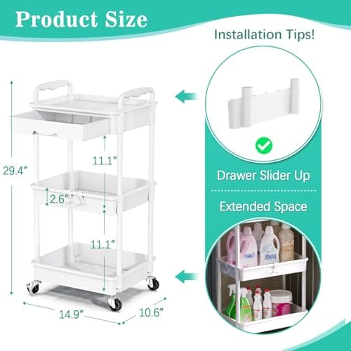 SUNALLY 3 Tier Rolling Cart with Drawer, Bathroom Storage Organizer with 2 Lockable Wheels, Multifunctional Rolling Storage Cart for Bathroom, Kitchen, Office, Craft, Makeup, Baby Essentials, White - Thumbnail 2
