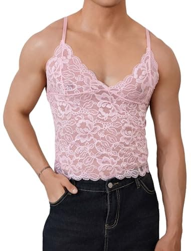 ABAFIP Men’s Sissy Lace Cami Top Floral Sheer Camisole Ruffle V-Neck Sleeveless Shirt See Through Undershirt Pink Medium - Thumbnail 2