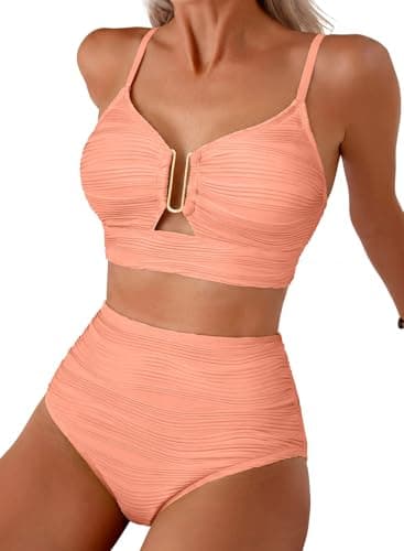 Herseas Two Piece Bikini Set U-Wire Cutout Swim Suits High Waisted Textured Ruched 2026 Summer Beach Push Up Tankini Bathing Suits Modest Cruise Essentials 2026 Summer Apricot Pink XX-Large - Image 1