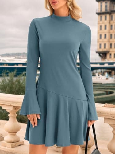Wenrine Womens Bell Long Sleeve Ribbed Knit Dress Casual Mock Neck Drop Waist Slim Fit Fall Mini Dresses - Thumbnail 2