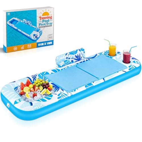 Ayeboovi Floating Tray for Tanning Pool Float - 61" L x 18" W Non-Slip Inflatable Sunbathing Bed Tray with Cooler Ice Bar for Tanning Lounge Raft & Blow up Suntan Tub Water Floatie, Party Gifts