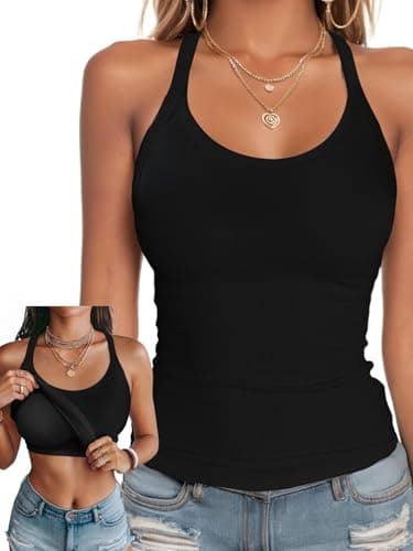 Ninee Womens Tank Tops with Built in Bra Summer Adjustable Spaghetti Straps Camisole Ribbed Cami Tanks (Black,Small) - Image 1