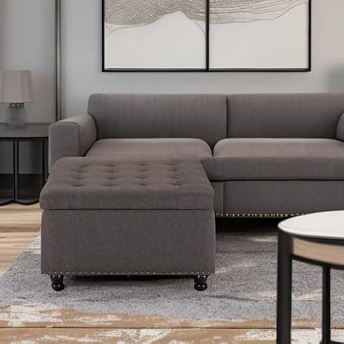 Tbfit Large Square Storage Ottoman Bench, Tufted Upholstered Coffee Table with Storage, Oversized Storage Ottomans Toy Box Footrest for Living Room, Dark Grey - Thumbnail 5