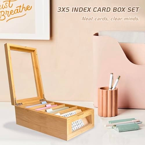 Homie Finds Bamboo Index Card Box Set - 3x5 Index Card Holder with Dividers and Morandi Cards - Wood Recipe Box with Lid (Holds 1200 Cards) - Thumbnail 6