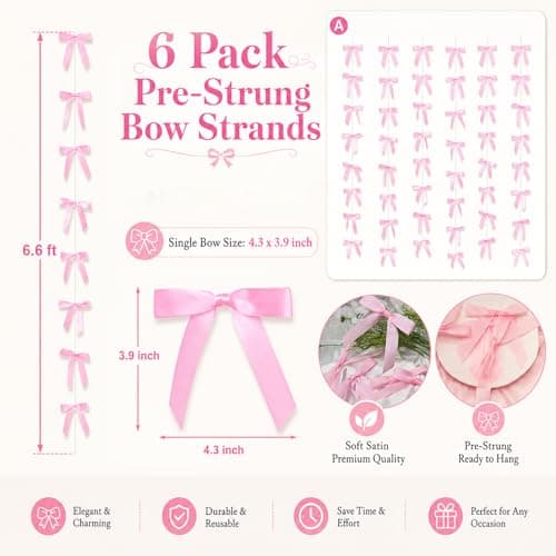 Pink Bow Garland Banner for Coquette Birthday Bachelorette Party Decorations Gift (6, Pink) - Thumbnail 4