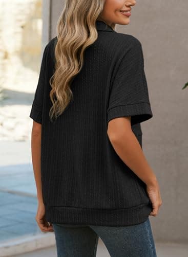 Dokotoo Womens Tops Dressy Casual Button Down Short Sleeve Shirts for Women Trendy Outfits Oversized Shirt Spring Summer Tops for Womens Blouses Ladies Tunics Tops Loose Fit Fashion Clothes Black L - Thumbnail 2