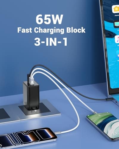 Hichain 65w Fast Charger USB C Block, Phone Charger Wall Plug 3 Port Retractable Charging Block, Portable Cell Phone Charger Block Travel Adapter Charger for iPhone 17 iPad Laptop MacBook - Thumbnail 2