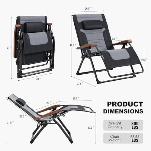 PURPLE LEAF Extra Wide Outdoor Reclining Chair Set of 2 Patio Zero Gravity Chaise Lounge Folding Chair with Quilted Cushion Adjustable Headrest for Lawn Camping Beach Pool Black and Grey - Thumbnail 2