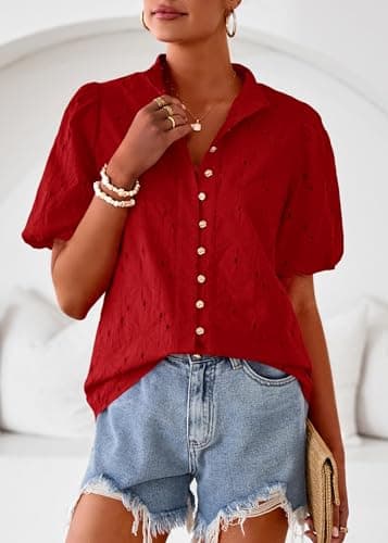 Lazysmile Summer Boho Tops for Women Short Sleeve V Neck Button Down Hollow Out Lace Embroidered Blouses Shirts - Thumbnail 4