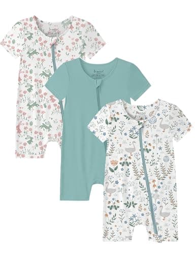 Jimonda Baby Romper Short Sleeve Footless Jumpsuit Rayon From Bamboo Boy Girl Summer Clothes 2-Way Zipper Pajamas 3-Pack(Bunny&Swan&Green,9-12 Months) - Image 1
