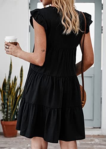KIRUNDO Womens Dresses Summer Casual Sleeveless Ruffle Sleeve Round Neck Black Loose Short Flowy Pleated Mini Babydoll Dress(Black, Medium) - Thumbnail 5