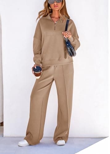 Lazysmile 2 Piece Sets For Women Lapel Half Zip Sweatshirt and Wide Leg Long Pants Sweatsuit Lounge Sets Workout Sets - Thumbnail 3