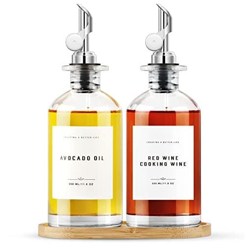 GIXSEGIE Olive Oil Dispenser Bottle Set with Bamboo Tray, Silver Classic Oil Dispenser, 2 x 350ML Glass Bottles, Weighted Metal Pourers, Kitchen Storage & Dispensing - Image 1