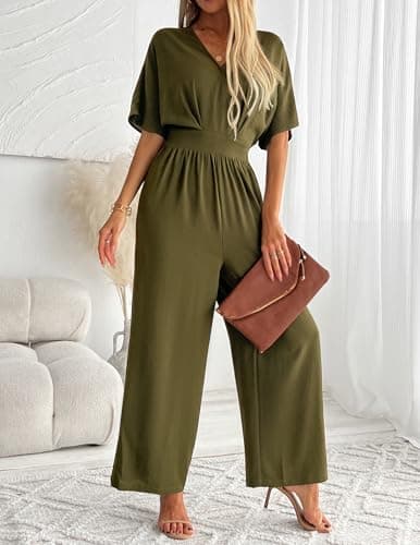 LOOKBOHO Womens Dressy Jumpsuits V Neck Belted Waist Casual Wide Leg Pants Romper Formal Elegant Jumpsuit Army Green M - Thumbnail 4