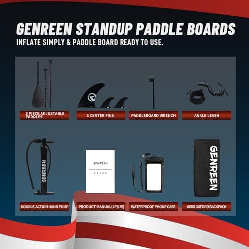 Genreen Stand up Paddle Board Inflatable 11'34'' Navy Blue Red Extremely Stable Thickened PVC 3 Fins 450LBS Capacity 3 People Tie-Downs2 Double Layer - Thumbnail 6