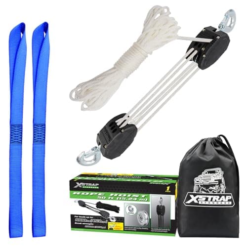 XSTRAP STANDARD Heavy-Duty 2,000LB 50 Feet Reflective Rope Hoist Pulley 1 Ton Wheel Block and Tackle System 5:1 Ratio Lifting Power with 2PK 18 Inch Soft Loop (Upgraded 50ft White) - Image 1