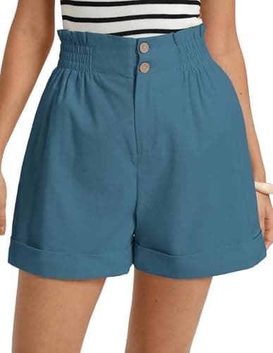 GRACE KARIN Linen Short for Women Honeymoon Vacation Outfits Travel Lounge Shorts with 2 Buttons Pockets Denim Blue XL - Image 1