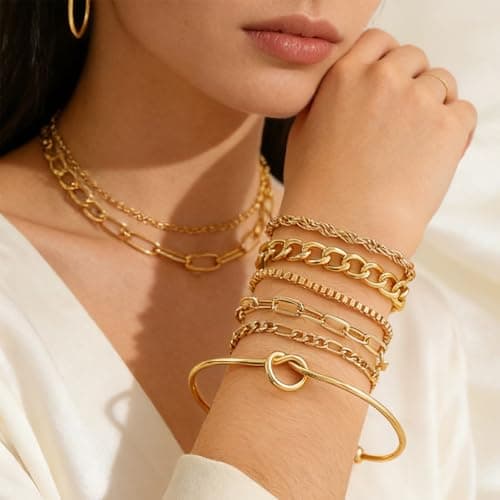Alegend Bracelets Sets 14K Gold Plated Chic Stackable Twisted Rope Chains Link Paperclip Unique Six-Layered Design - Thumbnail 5