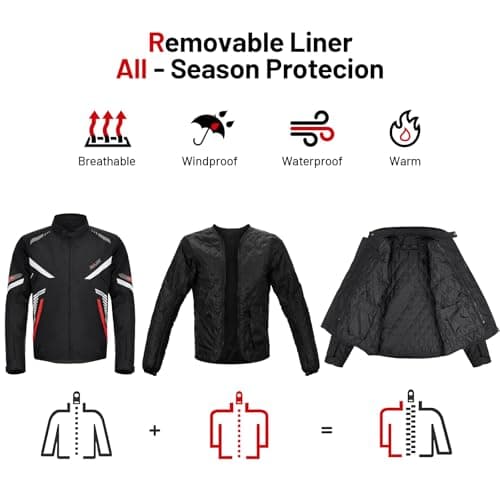 RKV86 Mens Motorcycle Jacket with Detachable Thermal Liner & Knee Pads CE Armored Riding Jacket Water-Repellent Windproof for All Season (Black-White XXL) - Thumbnail 6