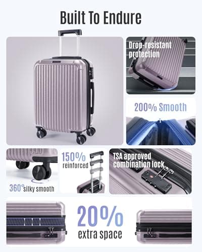 LIGHT FLIGHT Carry On Luggage 22x14x9 Airline Approved, Durable Hard Shell Carry On Suitcases with Wheels, Expandable Hardside Lightweight Travel Luggage with TSA Lock 20 Inch Carry on, Rose Purple - Thumbnail 2
