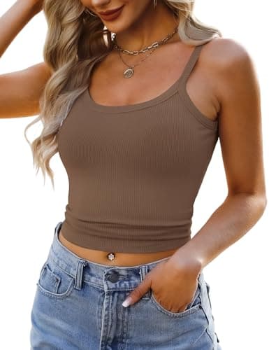 GKBK 2 Pack Womens Sleeveless Tank Top Form Fitting Spaghetti Strap Scoop Neck Ribbed Knit Workout Lounge Basic Slim Fitted Crop Summer 2026 Cami Layering Casual Shirts Brown Khaki XS - Thumbnail 4