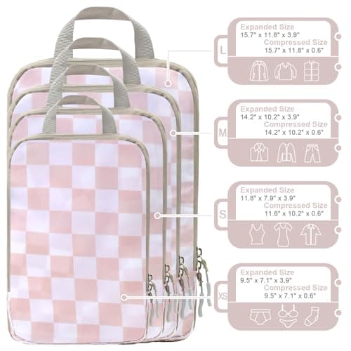 WOOMADA Compression Packing Cubes for Suitcases Travel Essentials 4 Set Expandable Travel Bags Organizer for Luggage(pink checkerboard) - Thumbnail 3