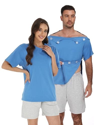 Recorah Shoulder Surgery Recovery Shirt with Magnetic Snaps - Developed with Surgical Experts, Crew Neck Top for One-Handed Dressing - Breathable 70% Cotton Post-Op Wear - Image 1