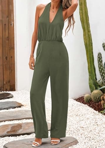 Lazysmile Summer Jumpsuits for Women Sleeveless Halter Backless Pants Romper Dressy Wide Legs One Piece Outfits - Thumbnail 5