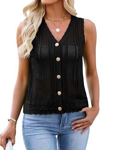 Bellcoco Womens Crochet V Neck Sweater Vest Hollow Out Summer Sleeveless Tops Knit Spring Cardigans Button Down Tank Top Black XL - Image 1
