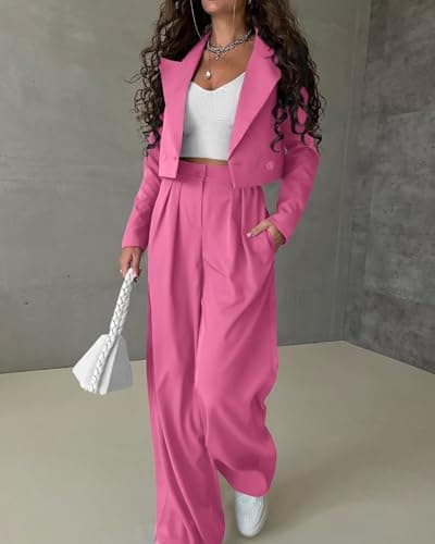 KIRUNDO 2 Piece Sets for Women Fall Casual Button Down Oversized Blazer Jackets and Pants Suits Brunch Work Outfits(Pink, X-Large) - Thumbnail 5