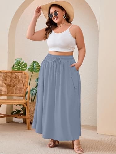 AusLook Plus Size Maxi Skirt for Women High Waisted Elastic Waist Flowy A Line Long Blue Gray 3X Skirt with Pockets Casual Summer Beach Vacation - Thumbnail 4