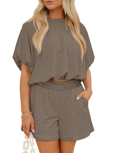 COCCKO Womens Short Sets 2 Piece Outfits Puff Sleeve Tops and Elastic Waist Shorts Lounge Set Casual Loungewear Khaki XL - Image 1