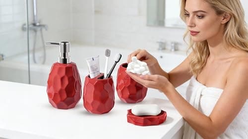 Ceramic Bathroom Accessories Set 4 PCS,Bathroom Toothbrush Holder Set,Soap and Toothbrush Holder Set,Include Toothbrush Holder,Soap Dispenser,Tumbler,Soap Dish,Bathroom Sets Decor Organizer (Red) - Thumbnail 2