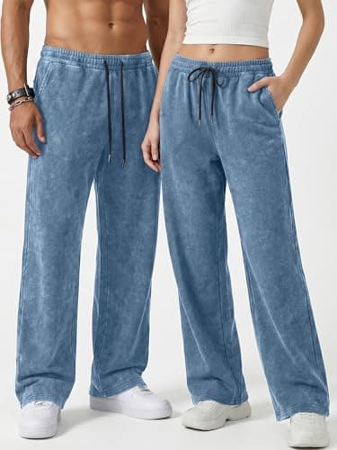 JMIERR Men's Big & Tall Sweatpants Acid Washed Baggy Wide Leg Cotton Drawstring Casual Streetwear Pants with Pockets, 2XL, Sail Blue - Thumbnail 3