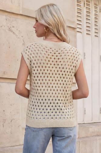Arach&Cloz Women's Cashmere Wool Blend Hollow Out V Neck Dressy Casual Sweater Vests Beige S - Thumbnail 3
