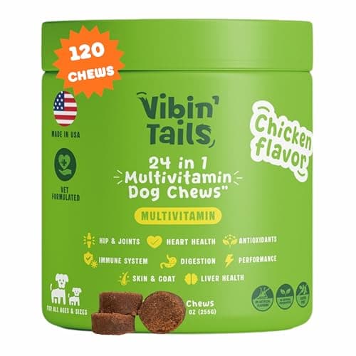 Vibin’ Tails 24-in-1 Dog Multivitamin, Glucosamine Chondroitin Hip & Joint Support, Probiotics & Omega-3, Skin & Coat - Puppy & Senior Chewable Dog Vitamins & Supplements Vet Formulated- 120ct Chicken