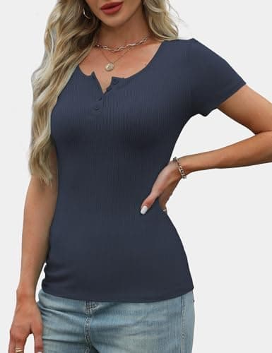 GKBK Ribbed Short Sleeve Tops for Women Henley Button Up Slim Fitted Tight Basic Tee Tshirts Cute Spring Summer Tops Blouse 2025 Trendy Outfits Dark Blue XS - Thumbnail 3